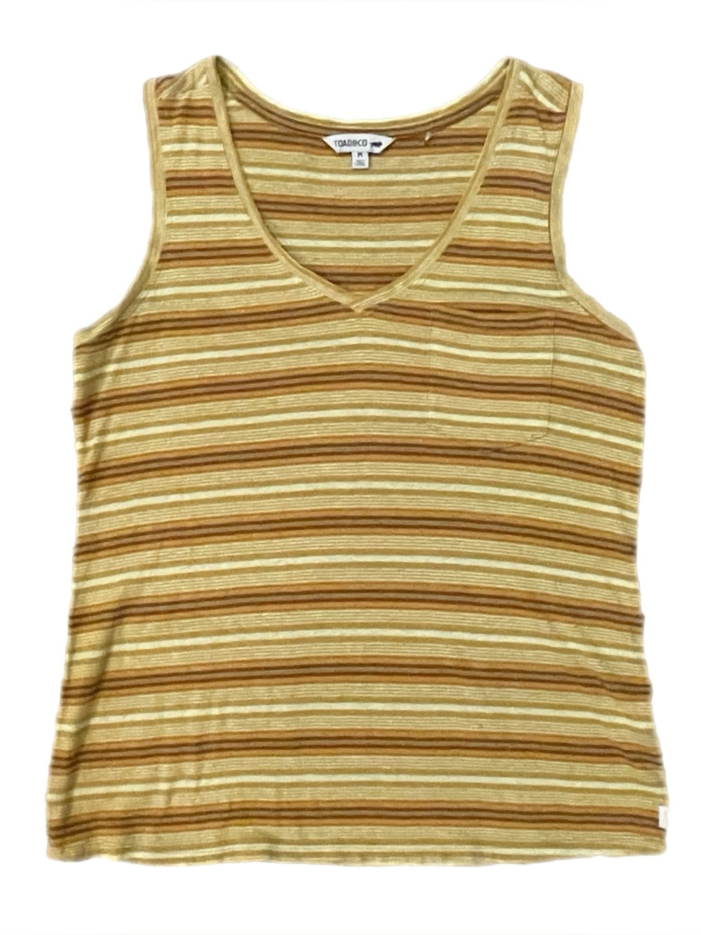 Toad & Co V-Neck Tank Top Women Yellow Striped Organic Cotton Hemp Granola M